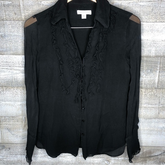 Coldwater Creek black 100% silk ruffle front button up career office top - Picture 1 of 4